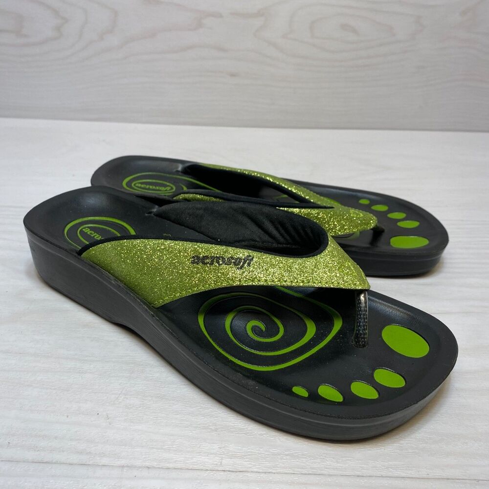 Aerosoft Glitter Thong Flip Flop Sandals Women's Size 7 Black Green Beach Summer